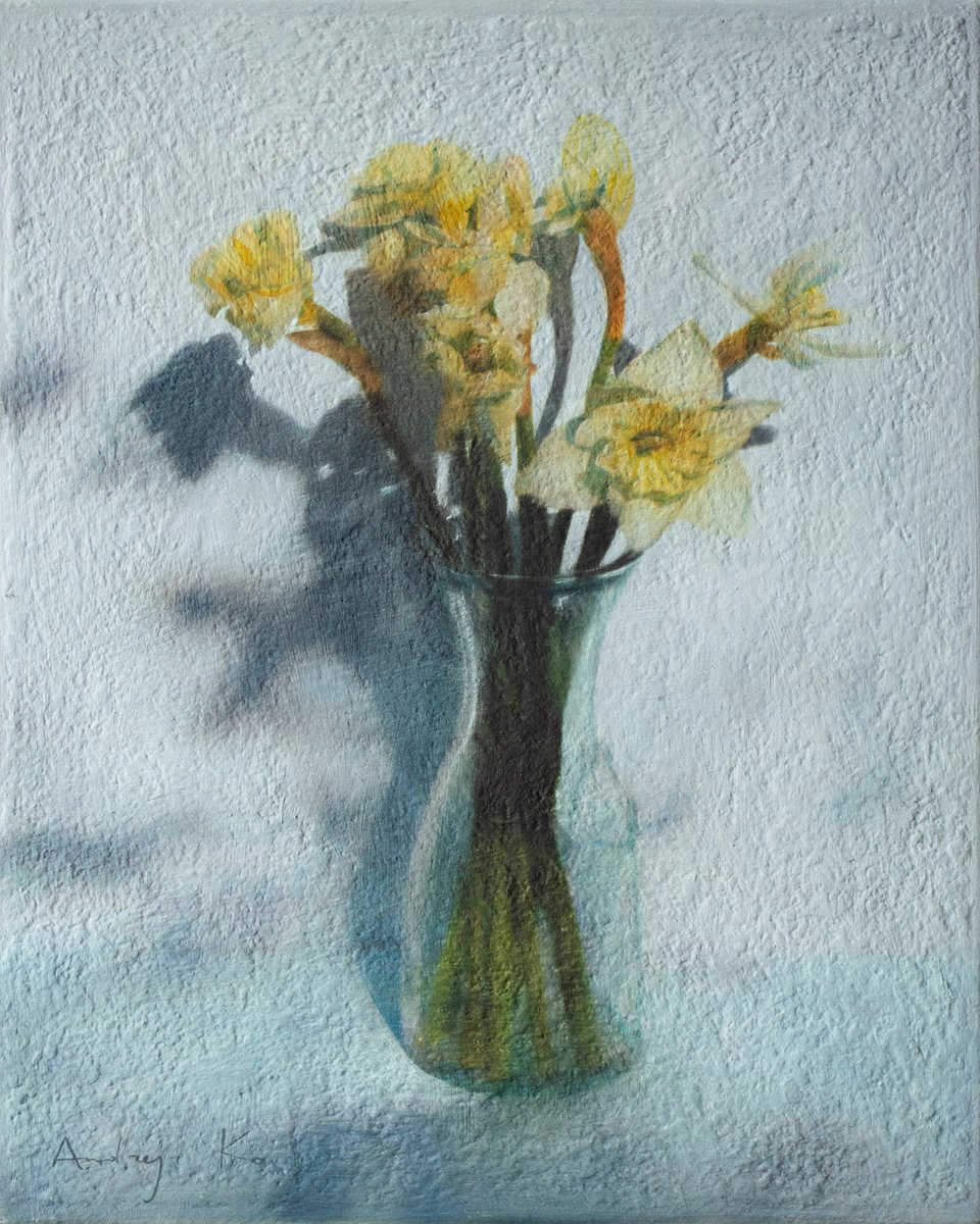 Impressionistic Still Life Acrylic Painting By Andrejs Ko, 12 X 16, Daffodils In A Glass Vase, Original Artwork