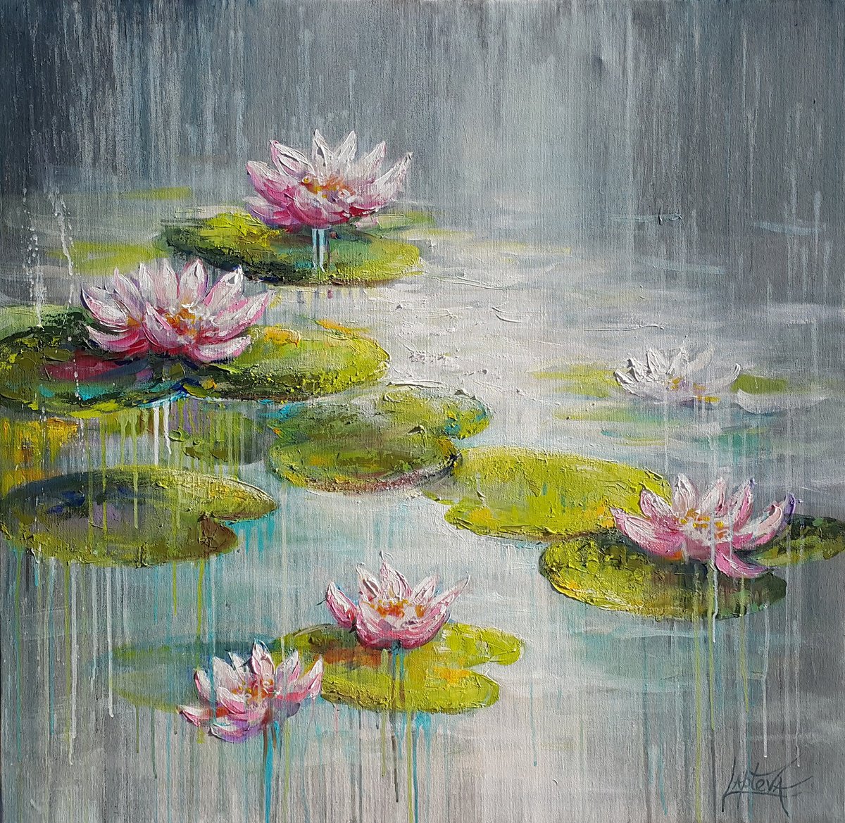 Organic Abstract Acrylic Painting By Viktoria Lapteva, 36 X 36", Waterlilies, Original Artwork