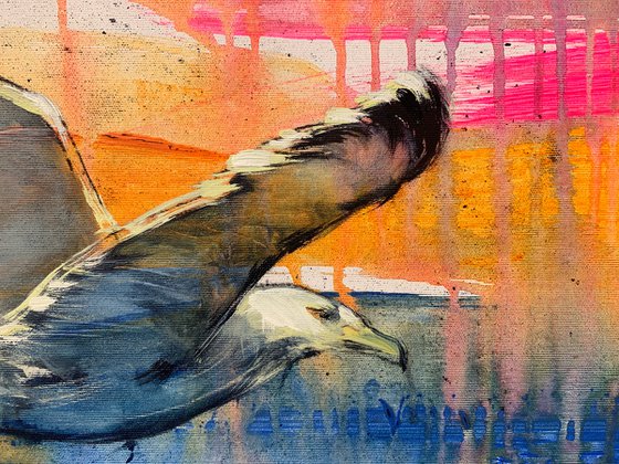 Bright horizontal painting - "Seagull in flight" - Pop Art - Bird - California - Miami - Sea - Ocean - Sunset
