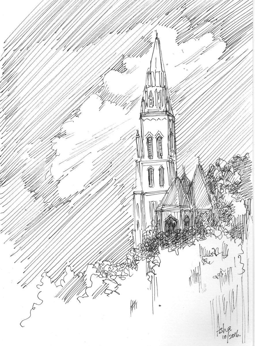 Steeple of a Church Cathedral in Ink 7x 9.5 by Asha Shenoy