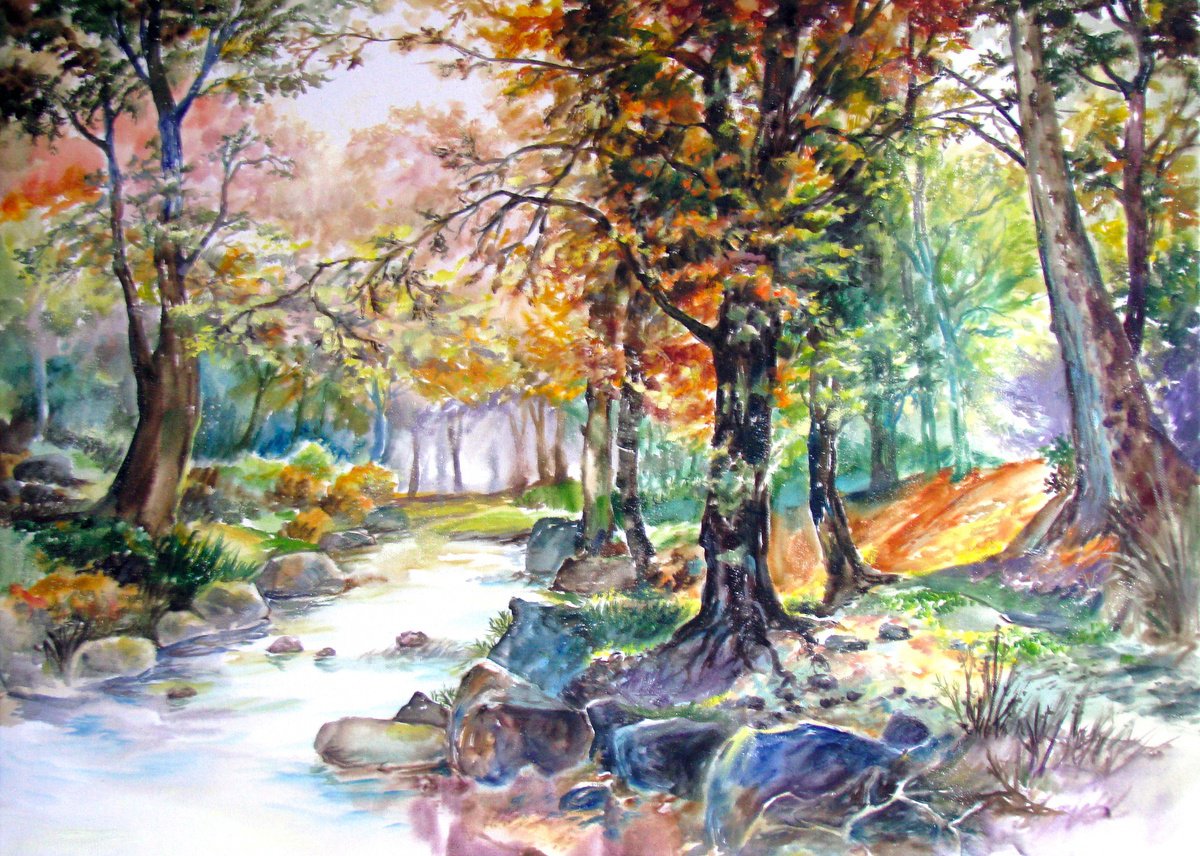 Impressionistic Landscape Watercolour By Szekelyhidi Zsolt, 28 X 20", Autumnal Colours In The Forest, Original Artwork