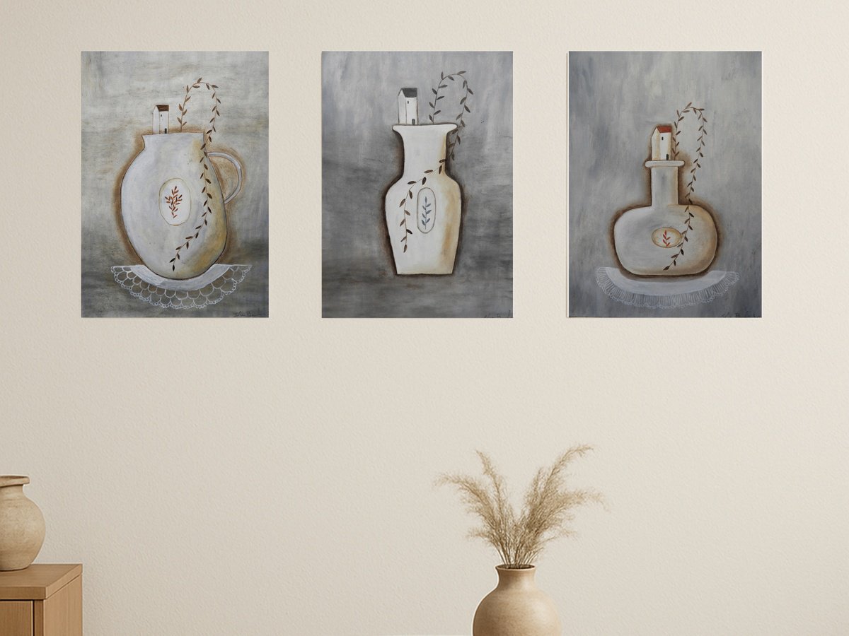 Illustrative Oil Painting , The Plants Vases, Set Of 3 By Silvia Beneforti, 25 X 12, Artwork For Sale On Artfinder