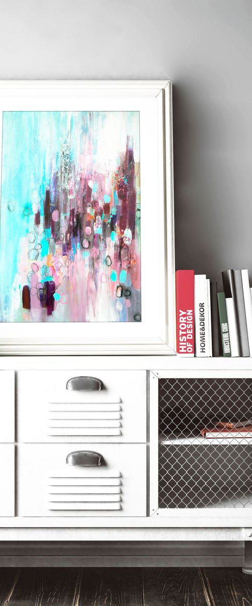 Sweet nothings original abstract painting in pinks, purples and turquoise. by Carolynne Coulson