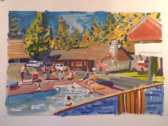 Motel pool scene - gouache