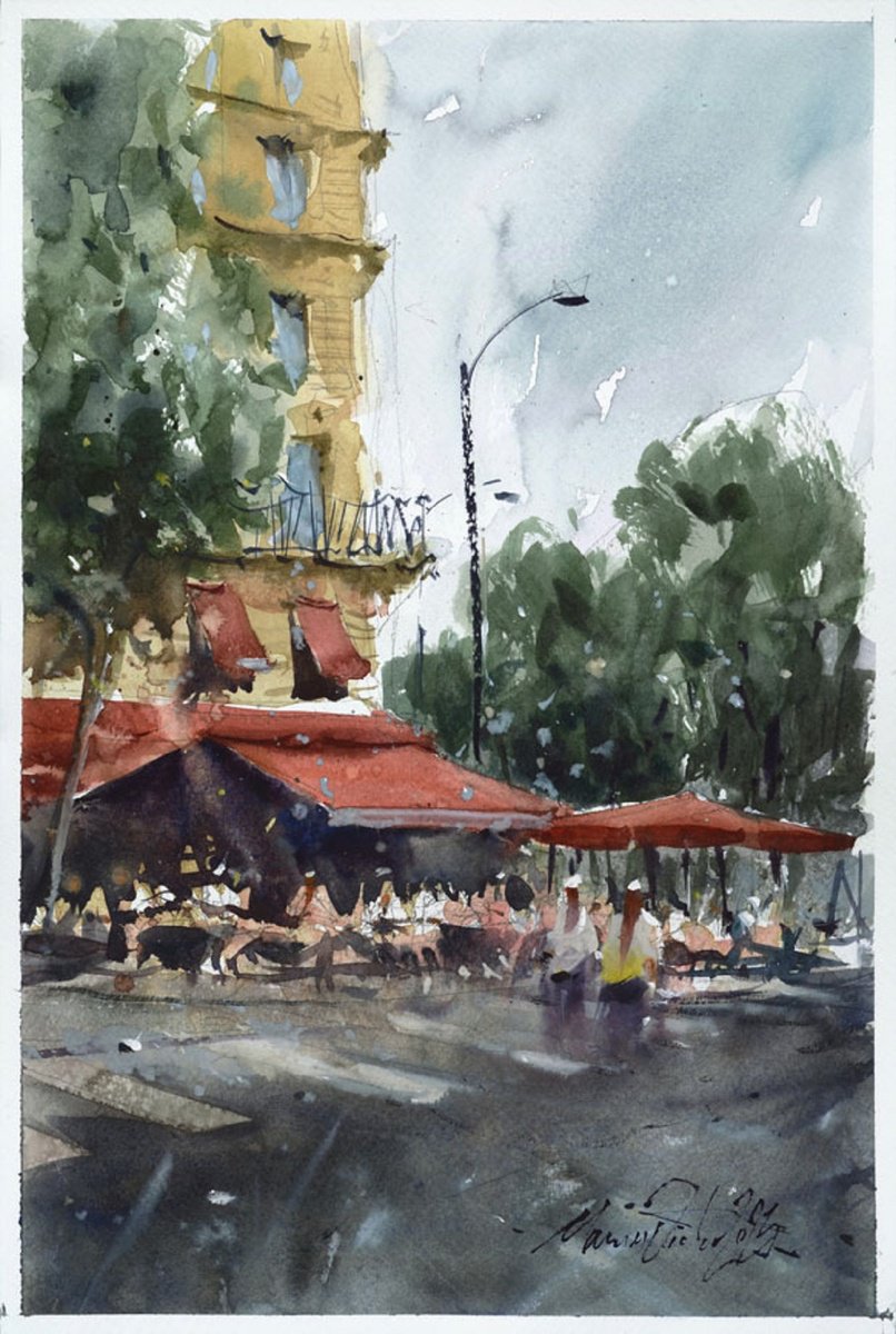 Impressionistic Cityscapes Watercolour By Marin Victor, 9 X 14", Paris Watercolor Art., Original Artwork