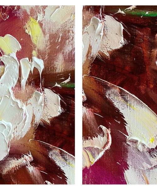 COLOR OF LIFE 2 SET - Harmonious diptych. Floral abstraction. Bud. Strokes. Refined peony. Riot of colors. by Marina Skromova