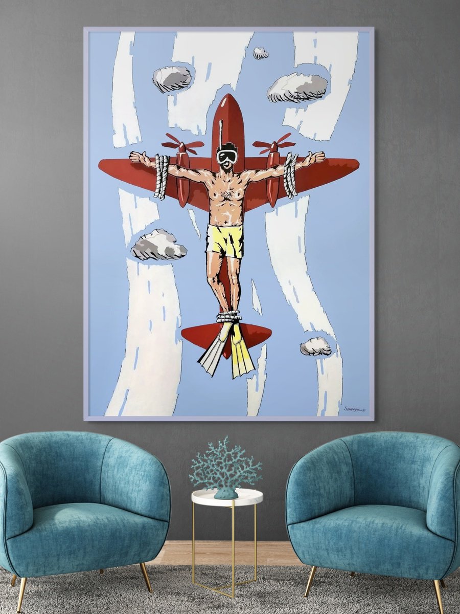 Urban And Pop Portrait Acrylic Painting By Evgen Semenyuk, 43 X 59, Diving Sky, Diving Sea, Original Artwork