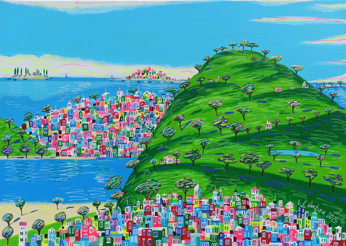 Impressionistic Landscape Acrylic Painting By Katrina Avotina, 28 X 20", The Valley Of Light And Joy, Original Artwork