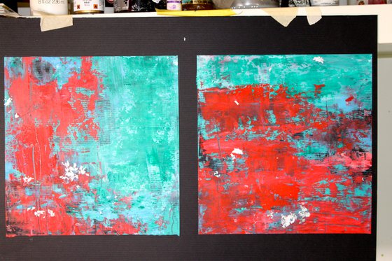 Red and turquoise cold wax 4