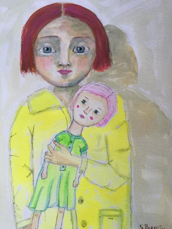 Girl and her doll - vintage girl figurative young lady yellow