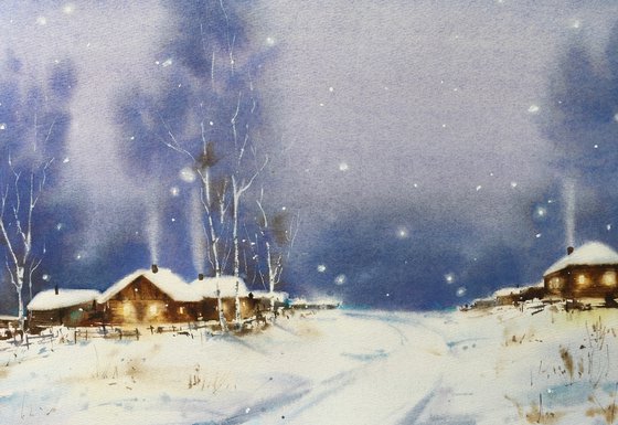 Evening in the village. Winter landscape. Original watercolor artwork.