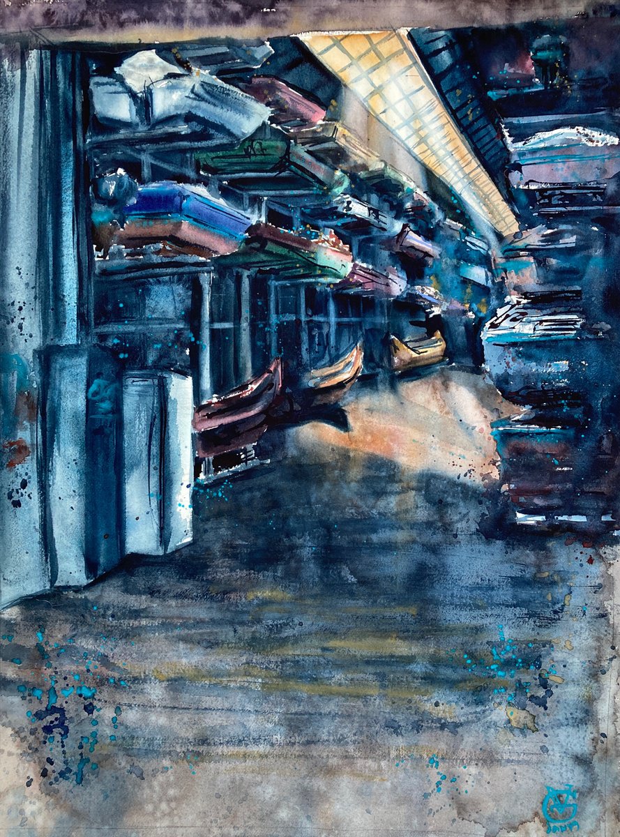 Impressionistic Transport Watercolour By Valeria Golovenkina, 22 X 30", The Dock, Original Artwork