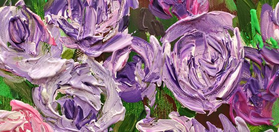 FIELD OF PURPLE PINK WHITE  ROSES  palette knife modern decor MEADOW OF FlOWERS, LANDSCAPE,  office home decor gift