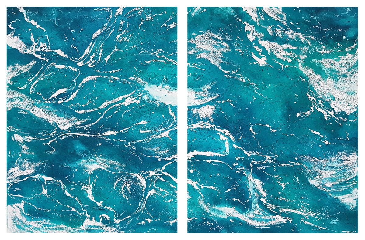 Diptych waves and sea #23 Watercolour fine art painting by Svetlana Lileeva