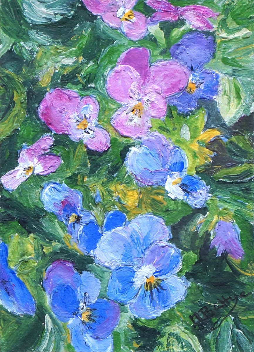Miniature Pansies - ACEO size - Framed - Acrylic Painting by Margaret Battye