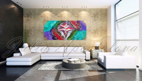 Abstract Painting, Huge Original Contemporary Art, Large Floral Abstraction, Ready to hang, Turquoise, Lilac, Pink, Gold, Silver, Red, Green, White, Multicolor, Modern Wall Decor ''The Power Inside You''