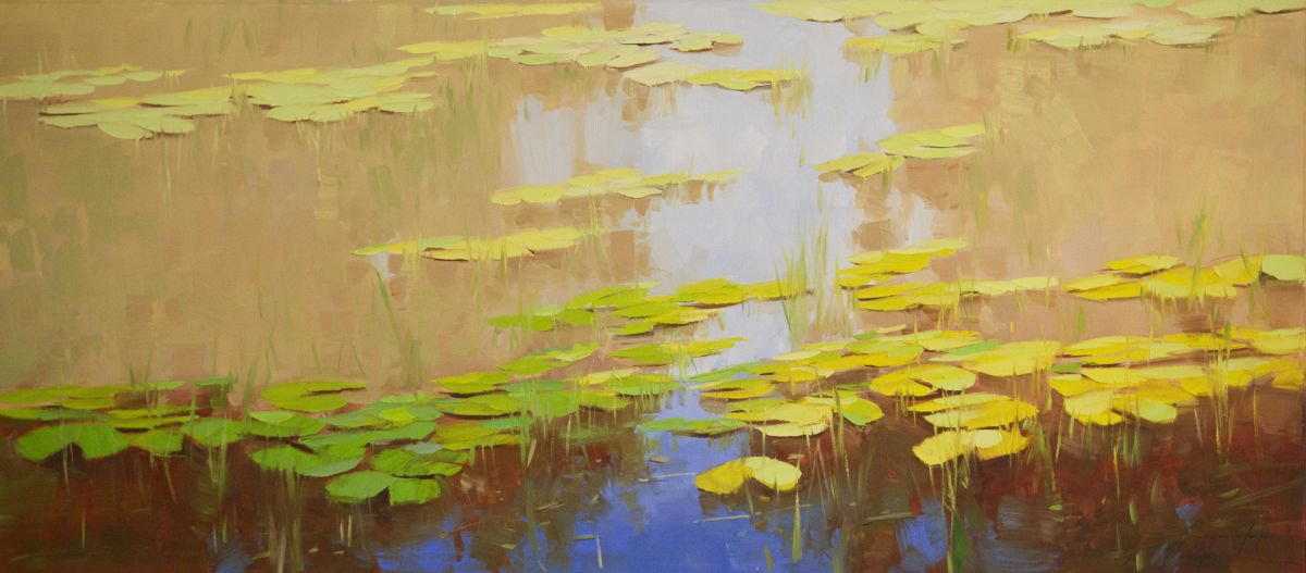 Water lilies  Autumn Palette Original oil Painting Large size Handmade artwork One of a Ki... by Vahe Yeremyan