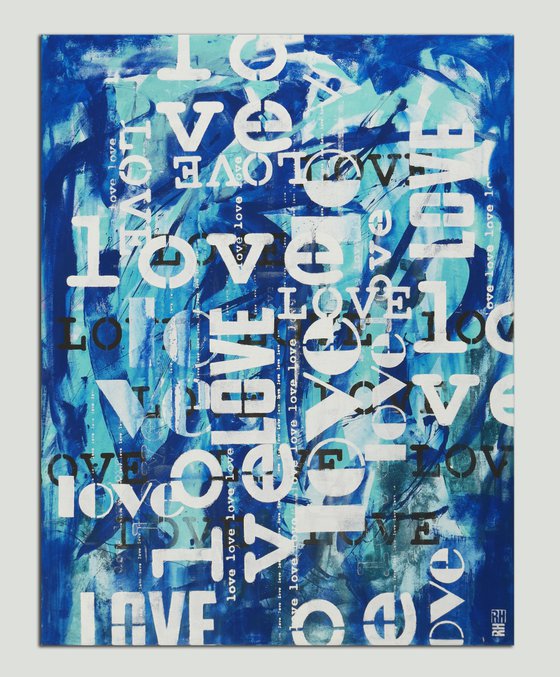 LOVE in blue - love letters - Typographic artwork - 90x115 cm - Ronald Hunter - 13D