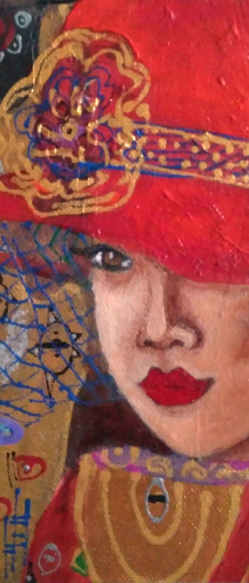 Monique, Woman Portrait Painting Original Girl in the Red Hat Wall Art Female Art Nouveau Style Artwork by Yulia Berseneva