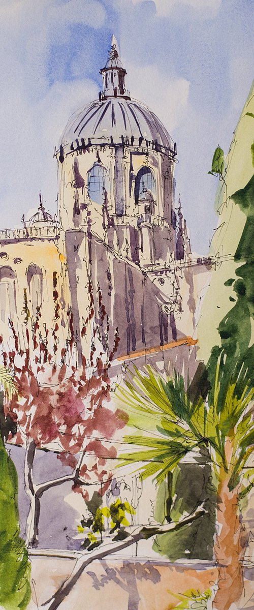 Salamanca. Street sketch. Secret garden near Cathedral. URBAN WATERCOLOR LANDSCAPE STUDY ARTWORK SMALL CITY LANDSCAPE SPAIN GIFT IDEA INTERIOR by Sasha Romm