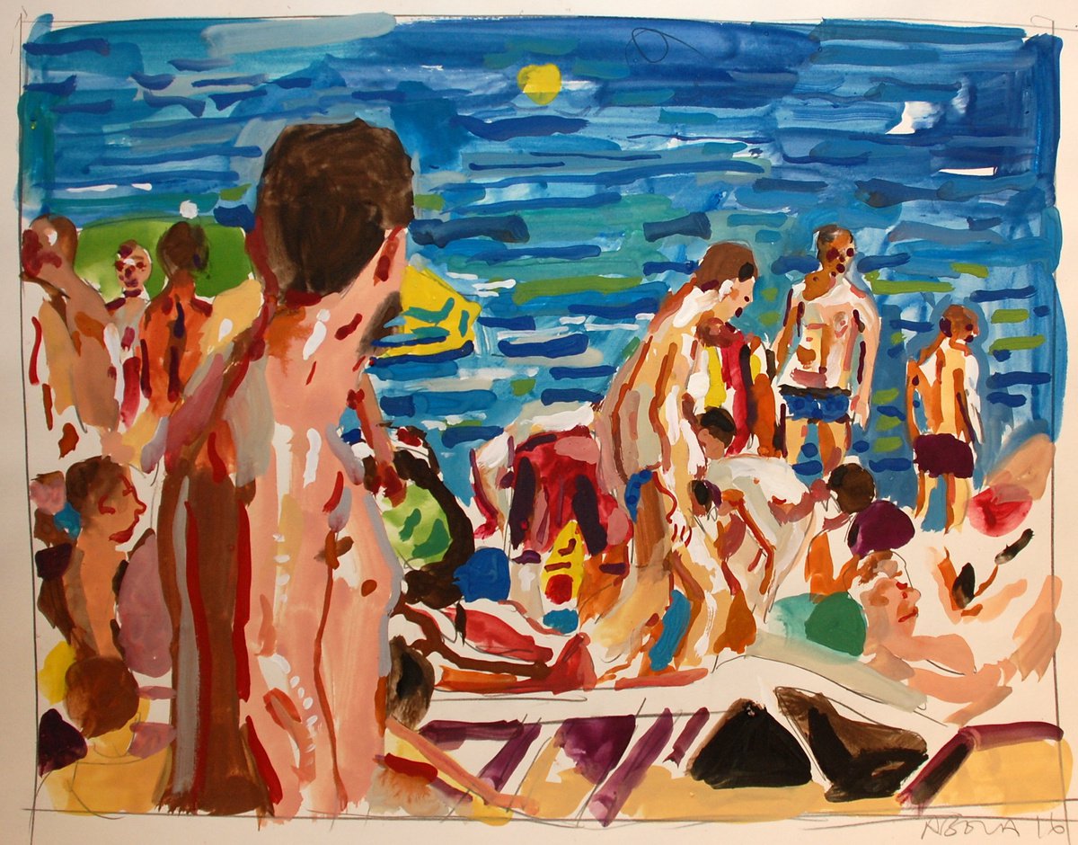 Beach crowd with man in foreground - goauche by Stephen Abela