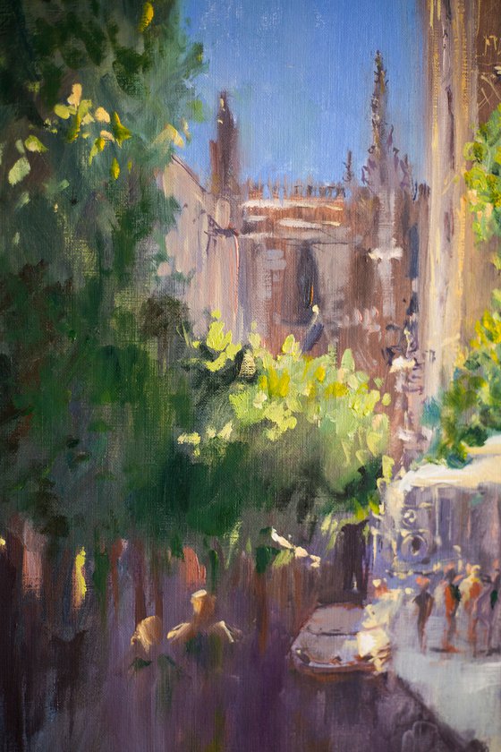 Sevilla. VIEW OF GIRALDA IN SUNNY DAY. ORIGINAL oil painting. contrast BRIGHT CITY URBAN LANDSCAPE VIEW SUN LIGHT