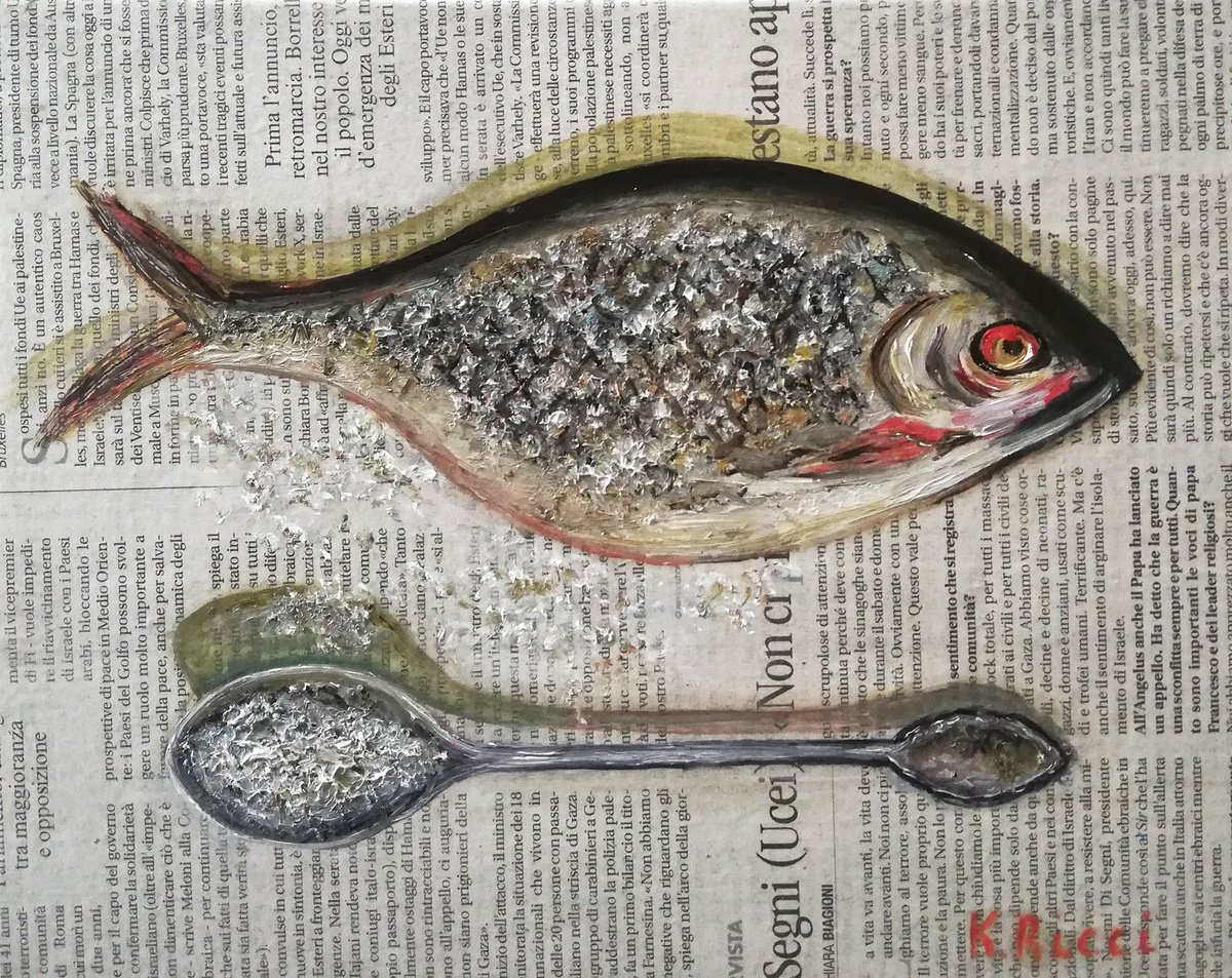 Fishy Dinner - Original Oil on Canvas Board 10 by 8 (25x20 cm) by Katia Ricci