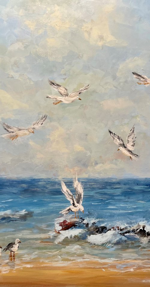 Seagulls in the sea by Miri Baruch