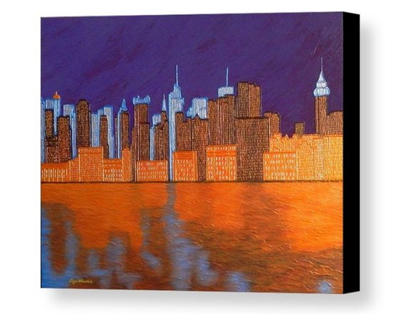 Midnight on the Hudson - New York cityscape on Hudson river evening reflections; home, office decor; gift idea