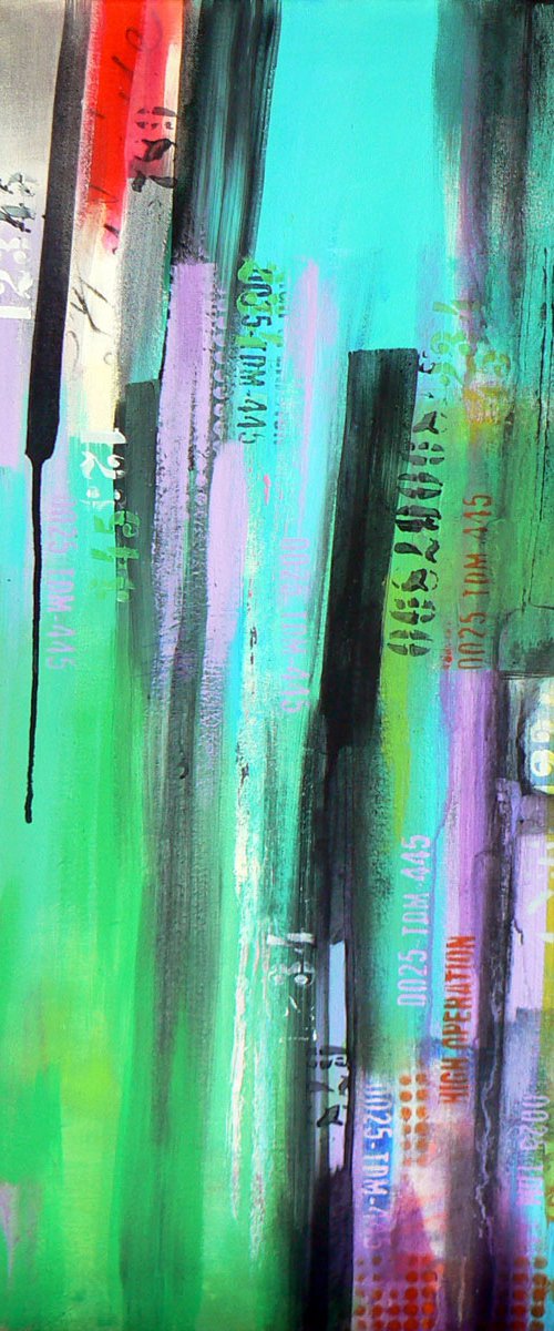 Calculating (contemporary urban abstract, typography artwork in blues and greens) by Carolynne Coulson