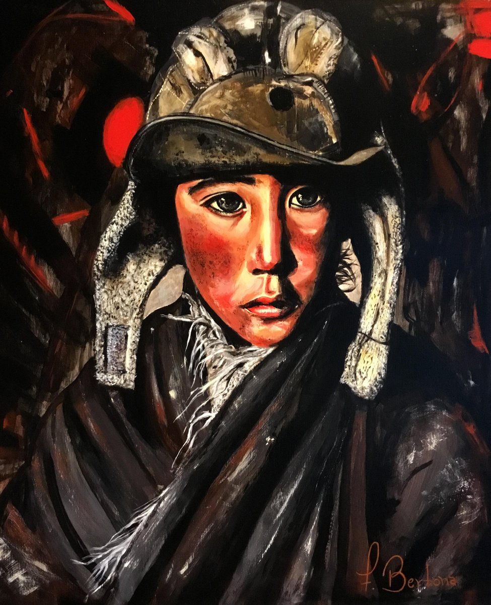 Expressive Portrait Acrylic Painting By Fabian Bertona, 19 X 23, Tibet, Original Artwork