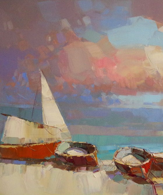 Fishing Boats, Seascape Original oil painting, Handmade artwork, One of a kind