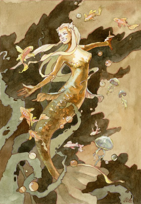 Mermaid and golden fishes, Fantasy illustration in watercolor