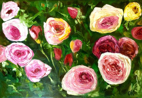 WHITE PINK YELLOW PURPLE  ROSES IN A GREENWICH GARDEN palette knife modern still life  flowers office home decor gift