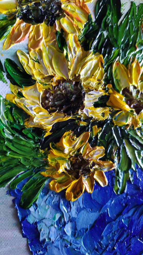 Sunflowers, original impasto flower oil painting, Gift, small framed art