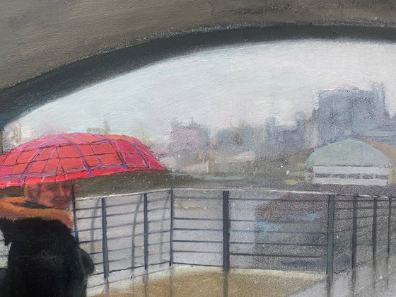 'Rainy Day in Scotland' Oil Painting of women with red umbrella