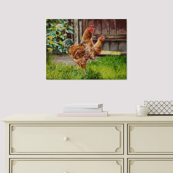 Rooster and chicken, Farmyard Scenery