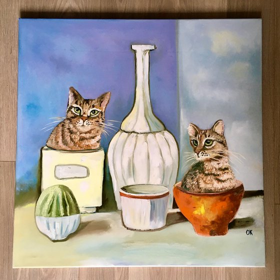 2 Troys ( Probably Twins) Cats and Giorgio Morandi vases and bottles