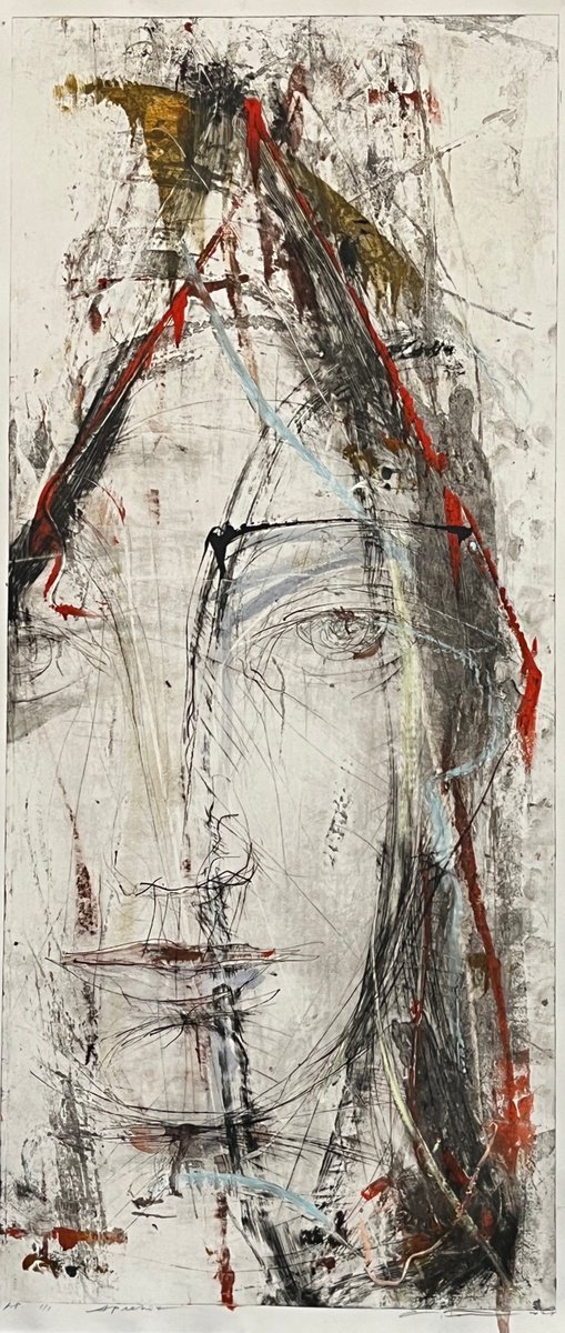 Expressive Portrait Ink Drawing By Eduard Belsky, 16 X 37, Harlequin, Original Artwork