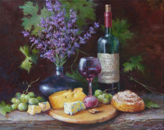 Still life with lavender, wine and cheese