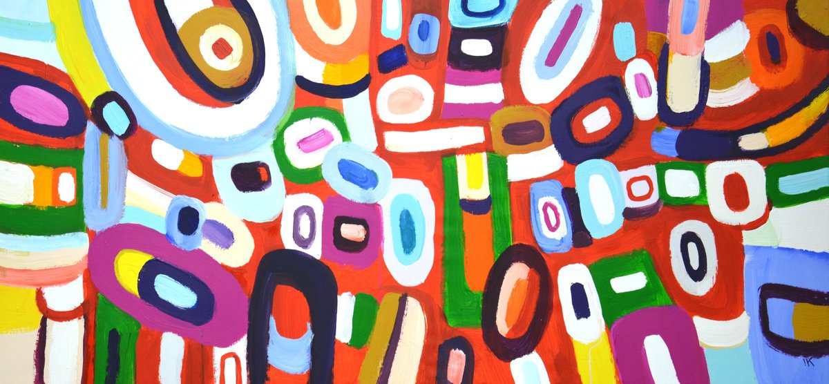Abstract Acrylic Painting By Iryna Kastsova, 55 X 24, Fun Evening., Original Artwork