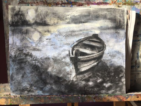 Moonlight On The River Charcoal Drawing