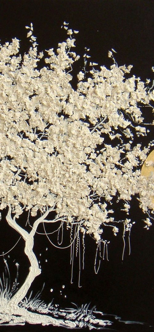 35.5” Blooming White Tree / Large Mixed Media Painting by Irini Karpikioti