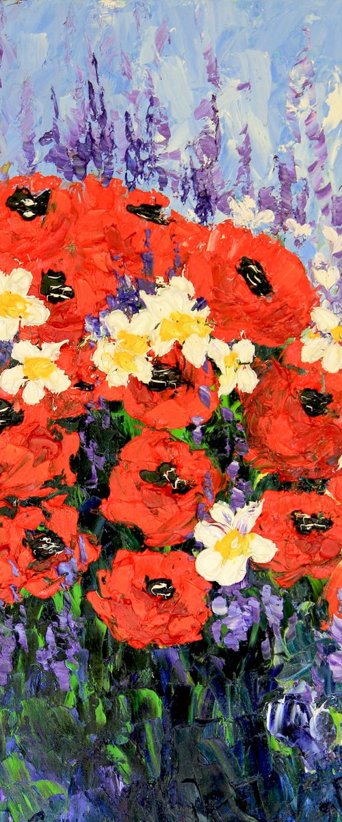 Wildflowers Poppies and daisies Original Oil painting by Olya Shevel