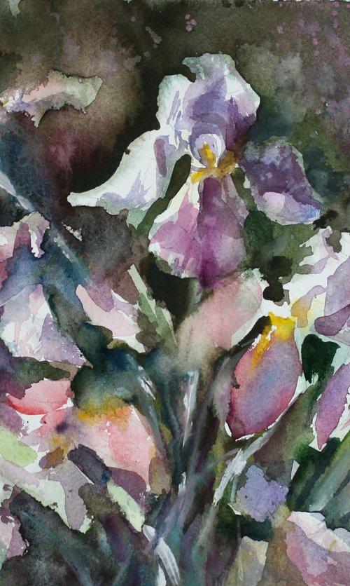 Original watercolor hand painting, Bouquet of irises by Alina Shmygol