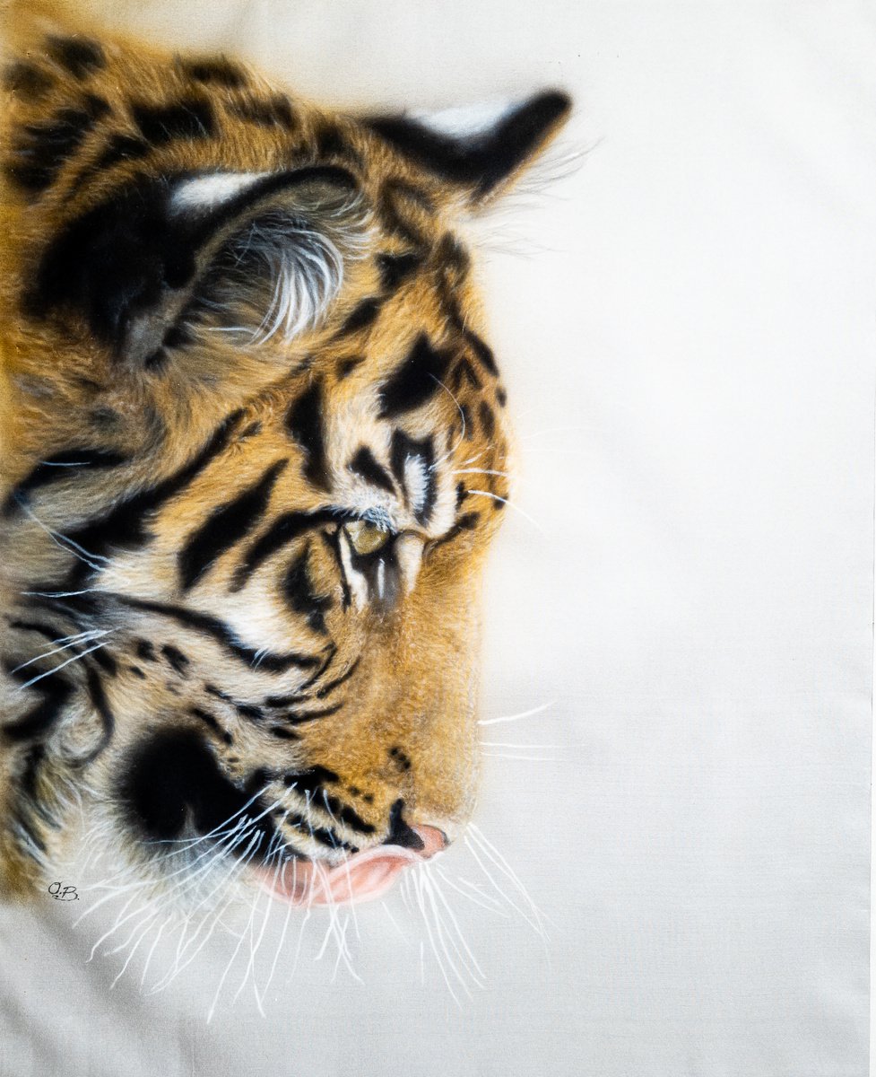 Tiger - Silk painting portrait, realism, animals, wildlife, contemporary art by Olga Belova