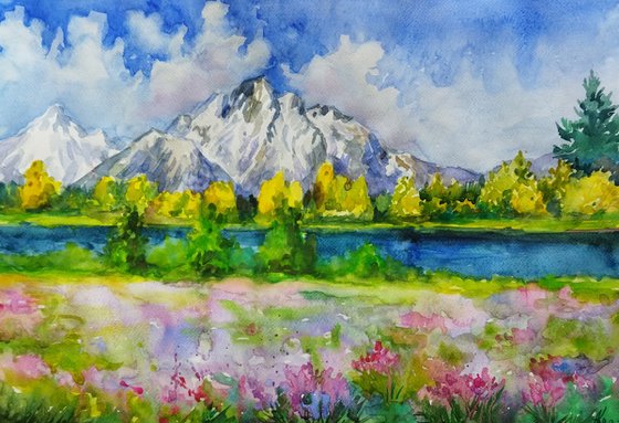 Mountain landscape watercolor painting