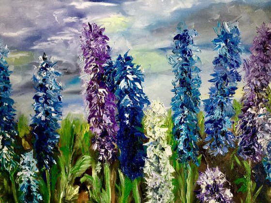 Delphiniums  in Regents Park in London, English garden,  meadow in summer flowers palette  knife modern  flowers office home decor gift