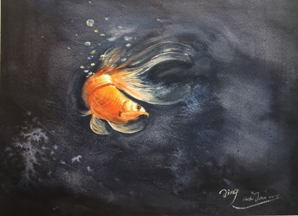 Impressionistic Animal Watercolour By Jing Chen, 15 X 11, Goldfish, Original Artwork