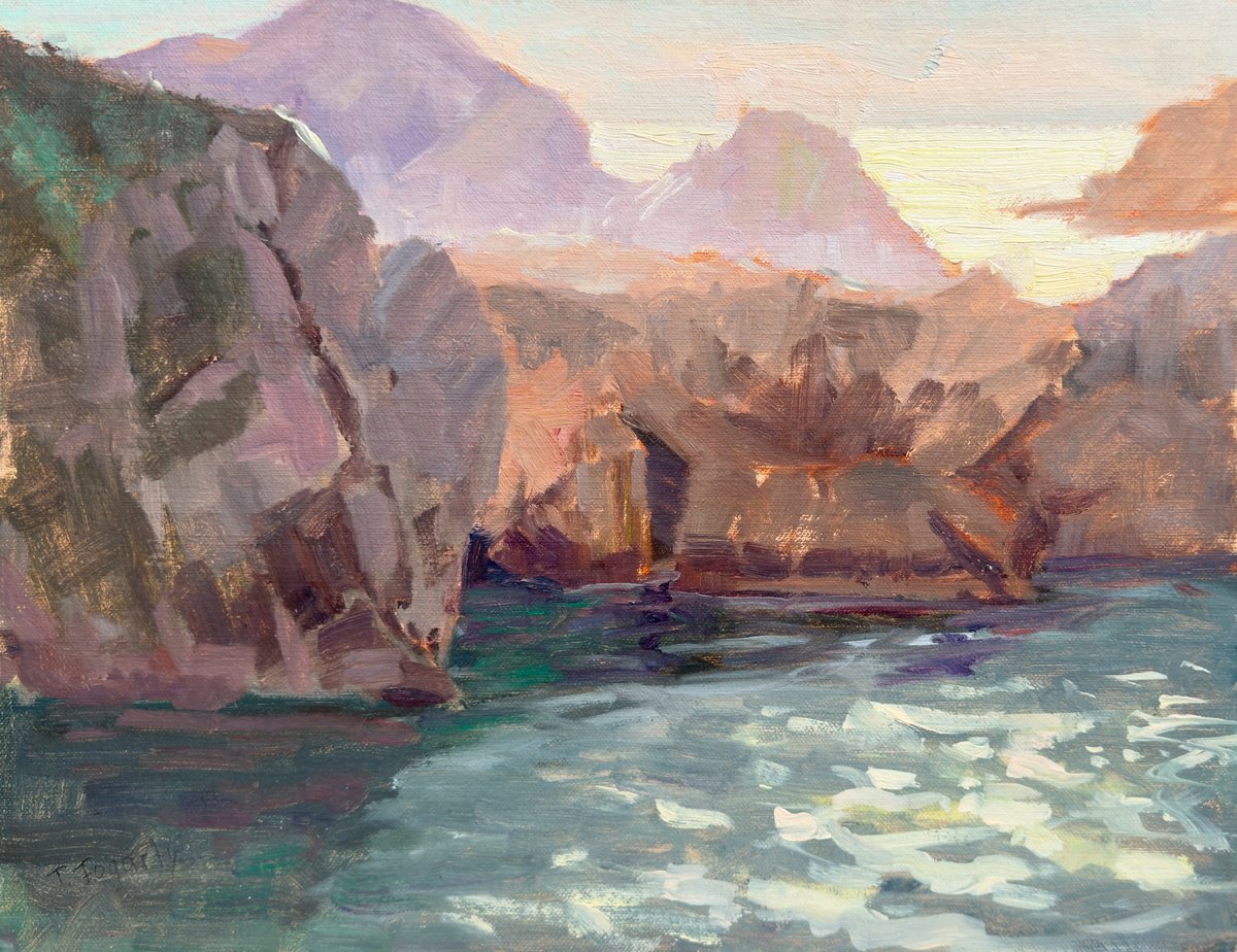 Impressionistic Landscape Oil Painting By Tatyana Fogarty, 14 X 11", Rocks And Light Seascape, Original Artwork